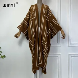 NEW WINYI winter kimono Africa wome Geometric print Luxury Fur Loose OverCoat Thick Warm long down coat Europe cardigan jacket