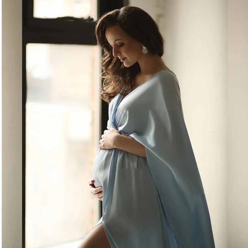 

Maternity Dresses for Photo Shoot Satin Chiffon Blue Baby Showers Long Pregnancy Photography Dress Women Maternity Clothes