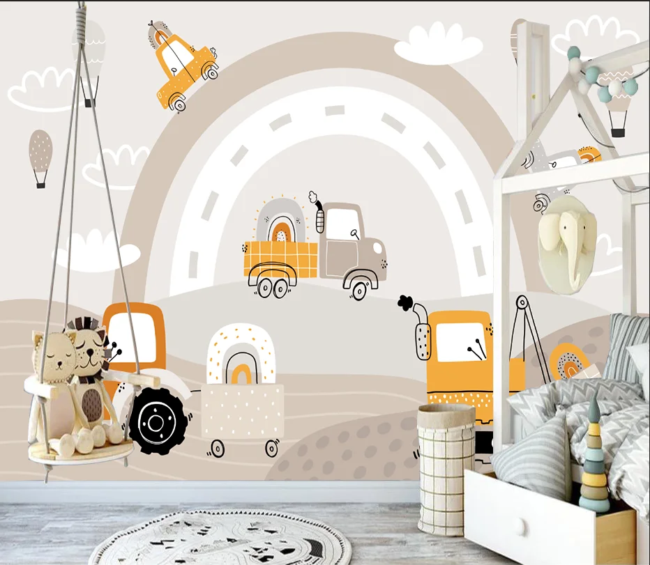 Customized size wallpaper cartoon children's room tractor rainbow background mural kindergarten decoration painting 3d wallpaper