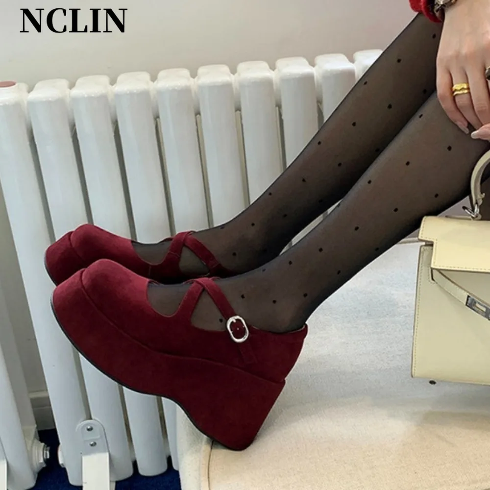 

Chunky Platform High Heels Pumps Women 2025 Spring Kid Suede Ankle Buckle Mary Jane Shoes Woman Thick Heeled Red Lolita Shoes