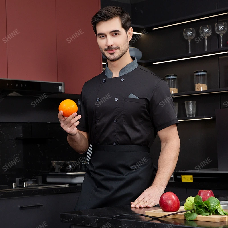 メンズブラックシェフコートロゴ半袖シェフジャケットエプロン付きヘッドシェフユニフォームサマーホテルキッチン衣装クッキングクローズロゴ