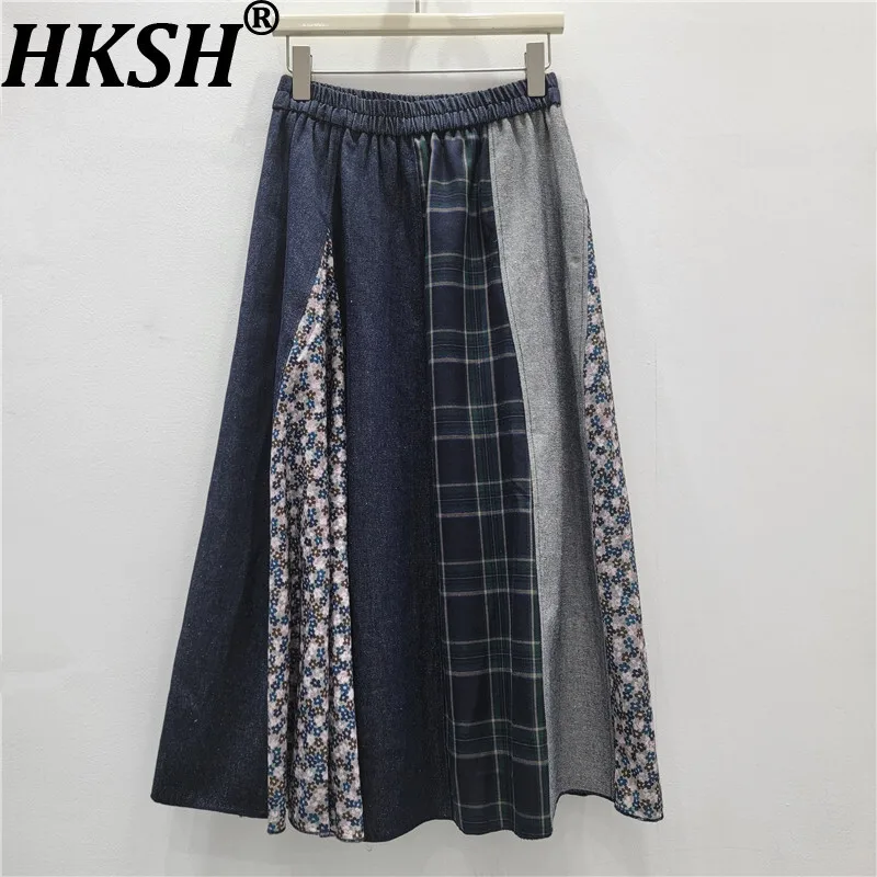 

HKSH весна осень новая женская джинсовая юбка с цветочным принтом в клетку в стиле пэчворк с эластичной резинкой на талии трапециевидной формы плиссированные уличные юбки в стиле ретро HK14639