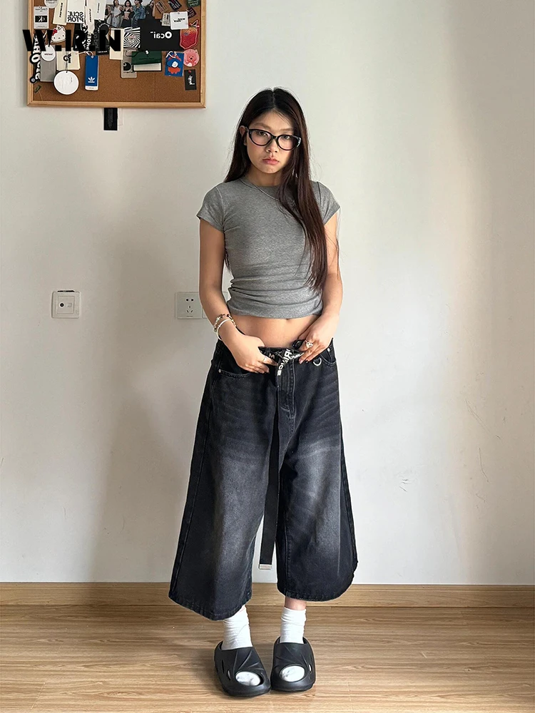 2024 Summer women's Casual Style Harajuku Mid Long Jeans pantaloni lavati larghi estetici Vintage Y2K pantaloncini larghi Punk a gamba larga