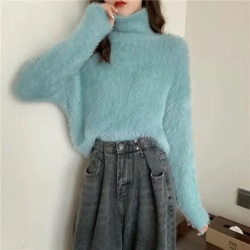 Autumn Winter 2022 New Mink Cashmere Sweater Women Basic Knitted Pullover Elegant Soft Ladies Clothes Loose Casual Female Jumper