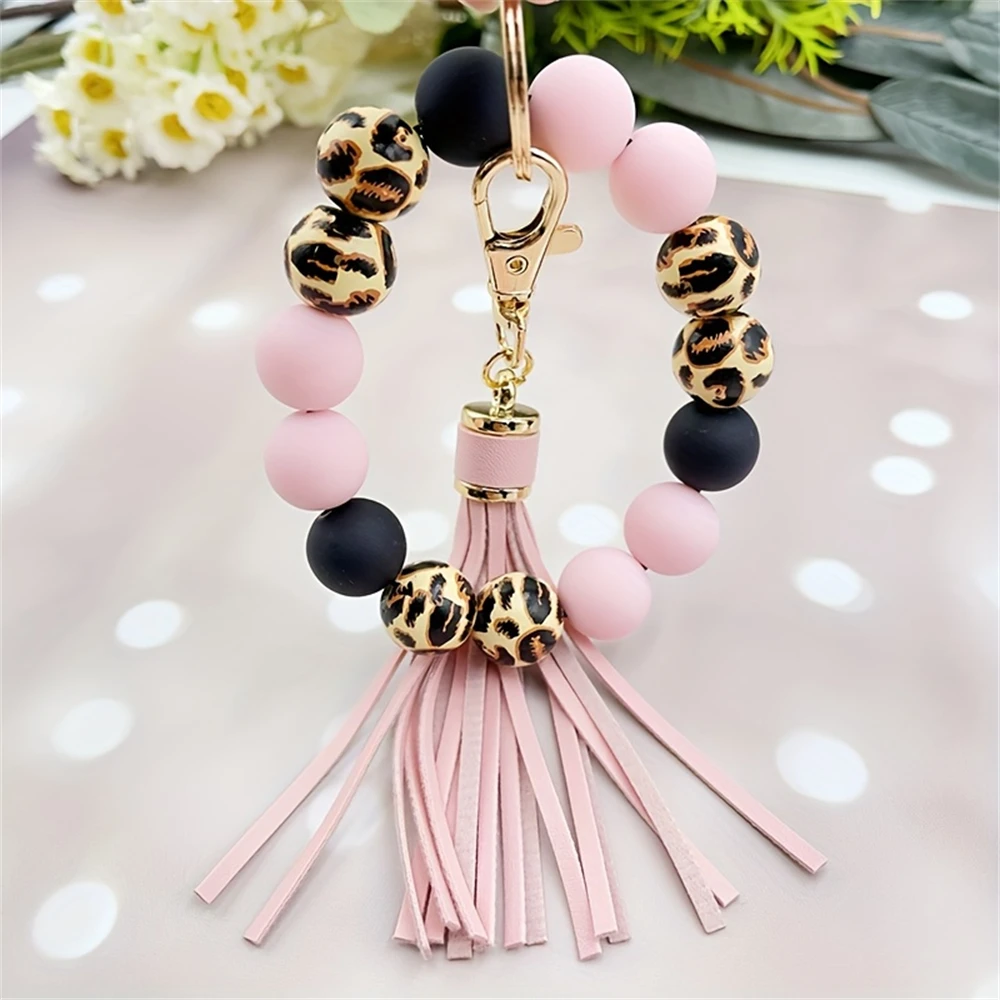 1pc Keychain Leopard-print Acrylic Bead Bracelet With PU Tassels And A Keychain Keyring Fashion Girl