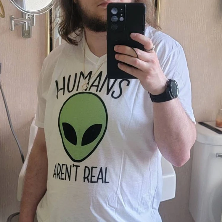 

Humans Aren't Real Women T Shirts Cotton O Neck Alien Printed Vintage Female Clothes Loose T-shirt Anime Tshirts