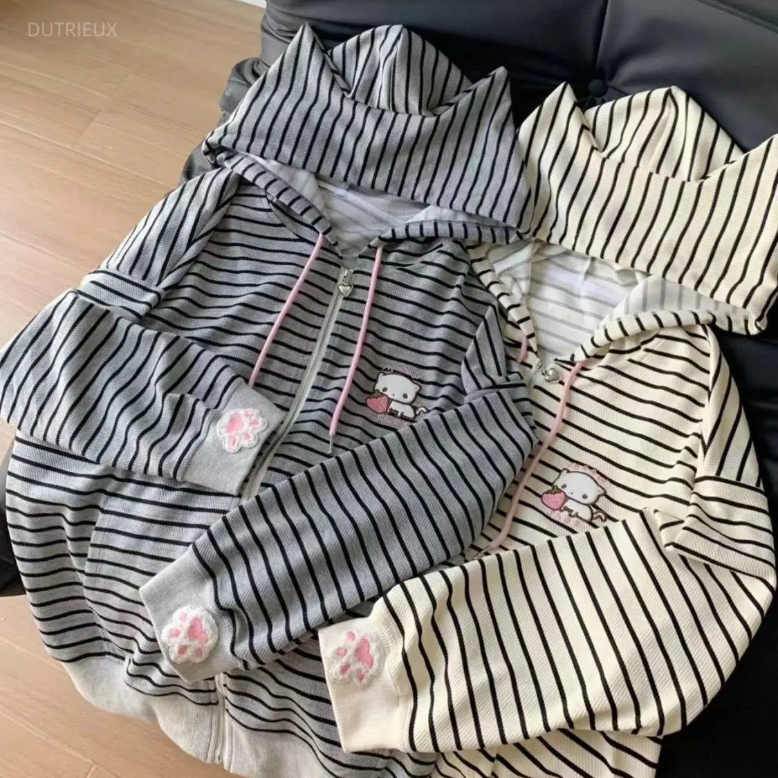 Японские повседневные полосатые толстовки с кошачьими ушками, женские Y2k, эстетичная кавайная свободная толстовка с вышивкой, толстовка на молнии в стиле гранж с героями мультфильмов, Kawaii