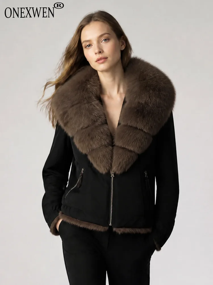ONEXWEN Women Reversible Jacket Oversized Tiered Faux Fur V-Collar Zip Up Elastic Hem Black Winter Warm Ladies Outerwear RU69