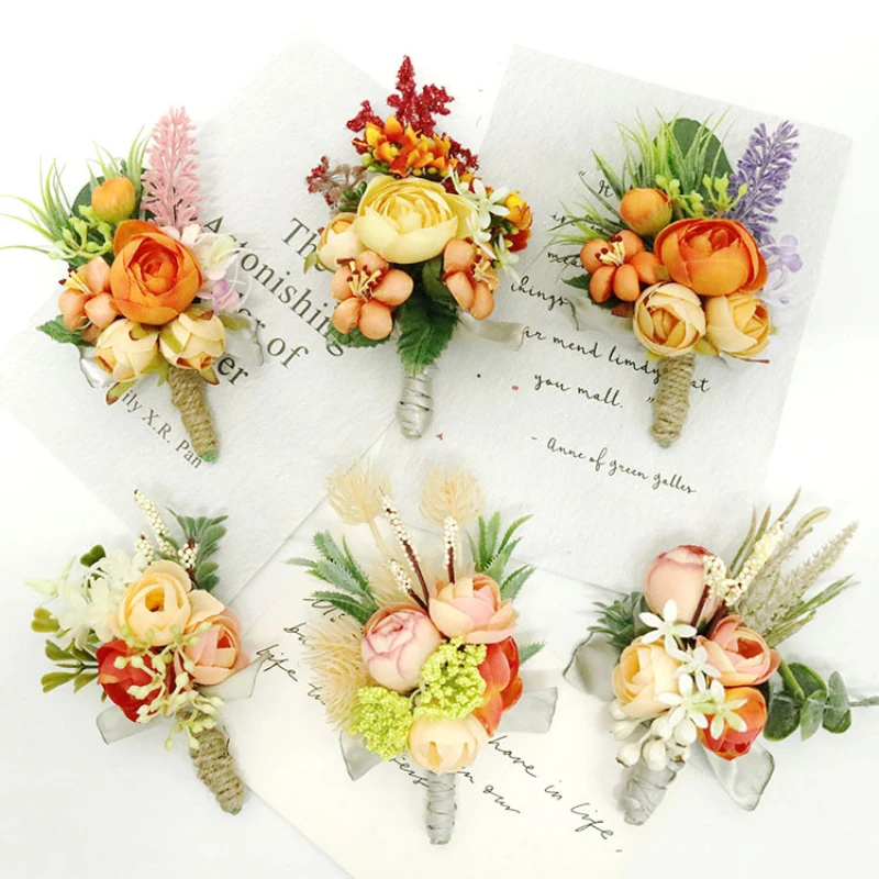 Màu Hồng Cam Cưới Corsages Chú Rể Boutonniere Hồng Lụa Người Thổ Cẩm Cưới Phù Dâu Cổ Tay Áo Khoác Nữ Họa Tiết Vòng Tay Hoa