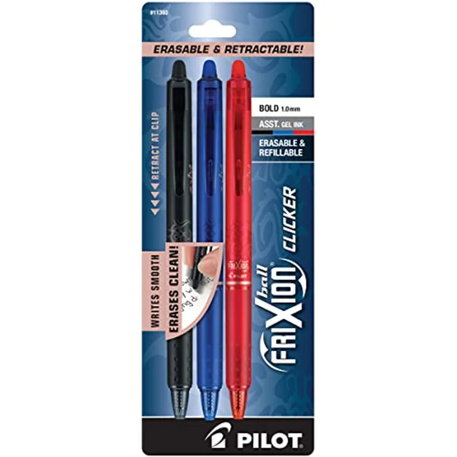

FriXion Clicker Erasable Pens, Refillable and Retractable Gel Ink Pens, 1.0 mm Bold Point, Black, Blue and Red Ink, 3-Pack