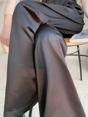 Women's High Waist Wide Leg Trousers Loose Fit Classic Black Silk Satin Casual Korean Style Summer Autumn Pants