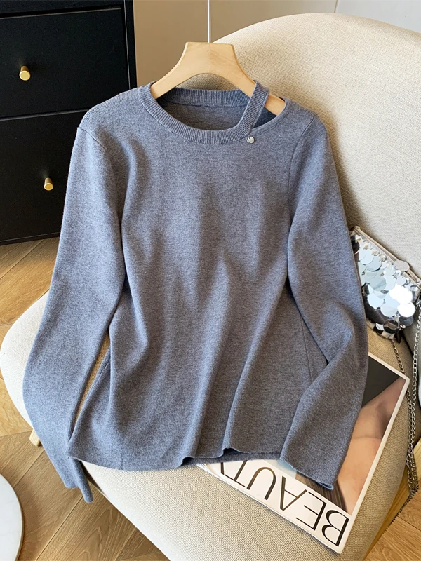 

Корейский трикотажный топ свободного кроя с длинными рукавами, однотонный, с открытыми плечами, универсальный, больших размеров, для повседневной носки