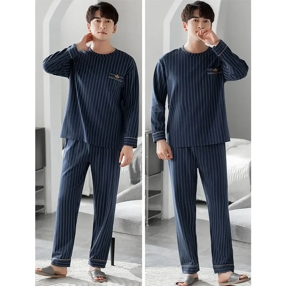 Fashion Comfortable 2023 Loungewear Autumn Spring Sets Neck Striped Men S For Cotton Sleepwear Male Pajama Casual