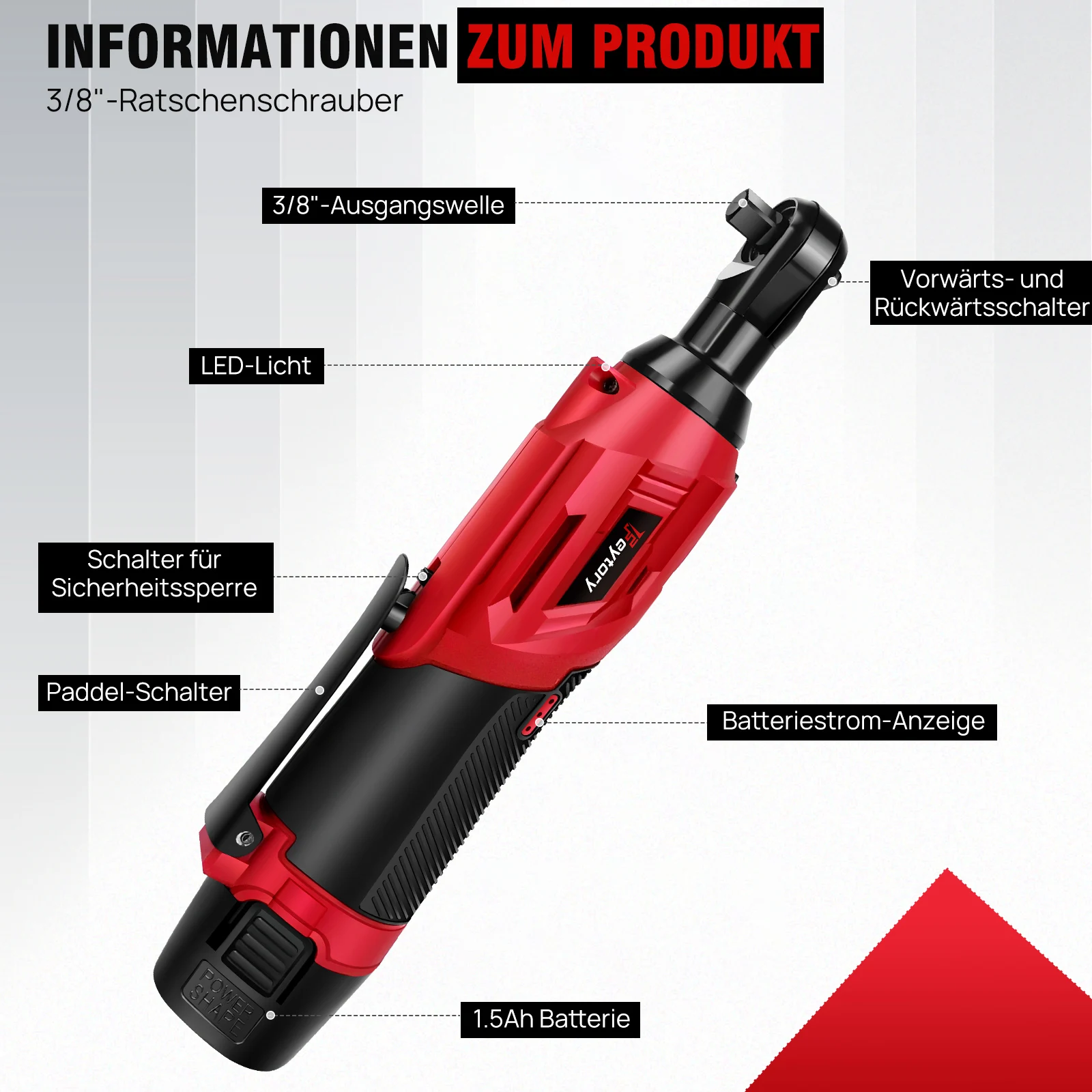 Feytory 200Nm High-Torque 90° Cordless Ratchet Wrench Set 3/8'' Angle Wrench with 2 Durable 1500mAh Lithium-Ion Batteries