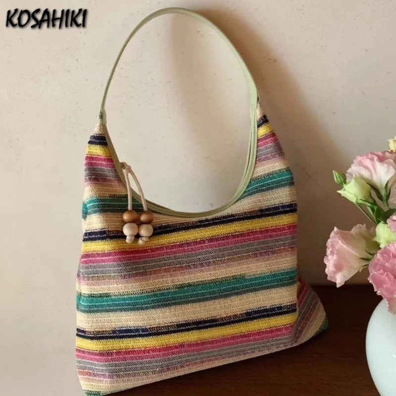 

Contrast Color Rainbow Striped Women Top-Handle Bags Fashion Y2k Sweet Shoulder Underarm Bag Casual Shopping Purses and Handbags