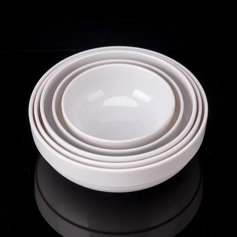 Korea Short White Melamine Bowls Round Rice Soup Salad Bowl Buffet Barbecue Sauce Dish Imitation Porcelain Tableware 4 Sizes