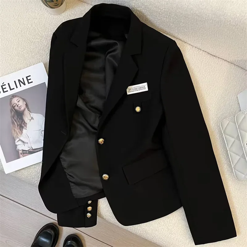 

Elegant Black Suit Jacket 2025 Spring New Style Commuter College Style Korean Version Women's Fashion Polyester