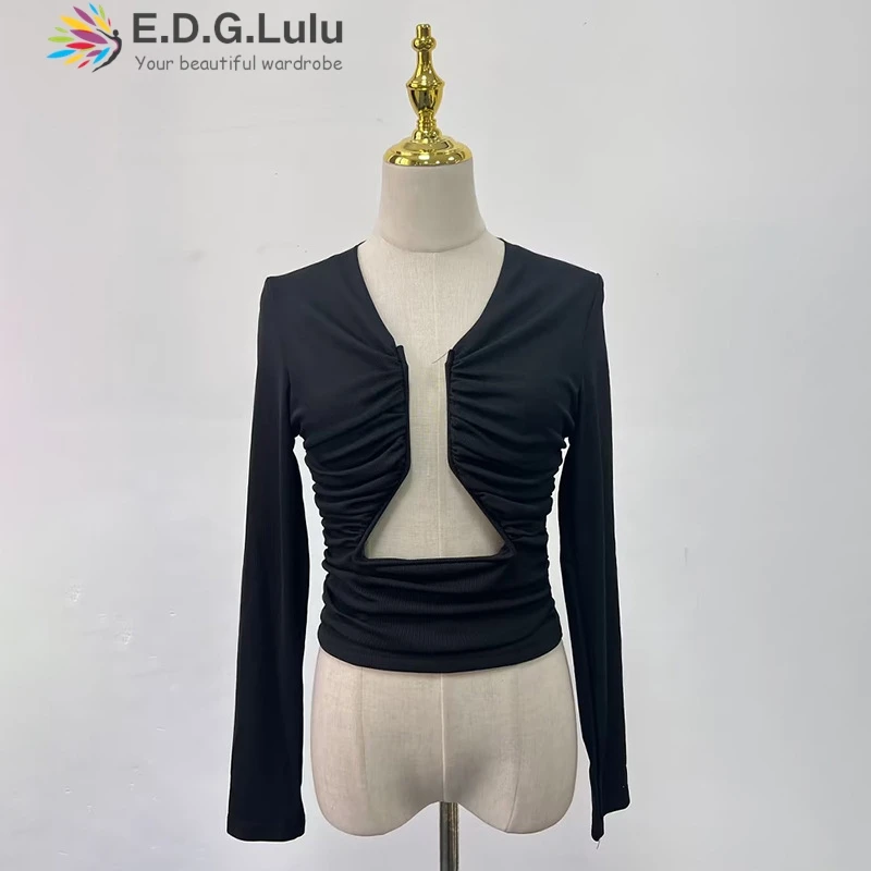 EDGLuLu Casual Solid O Neck Hollowed Out Folds Black T Shirt Basic Slim Long Sleeve Tees Women 2024 Autumn Streetwear Ladies1212