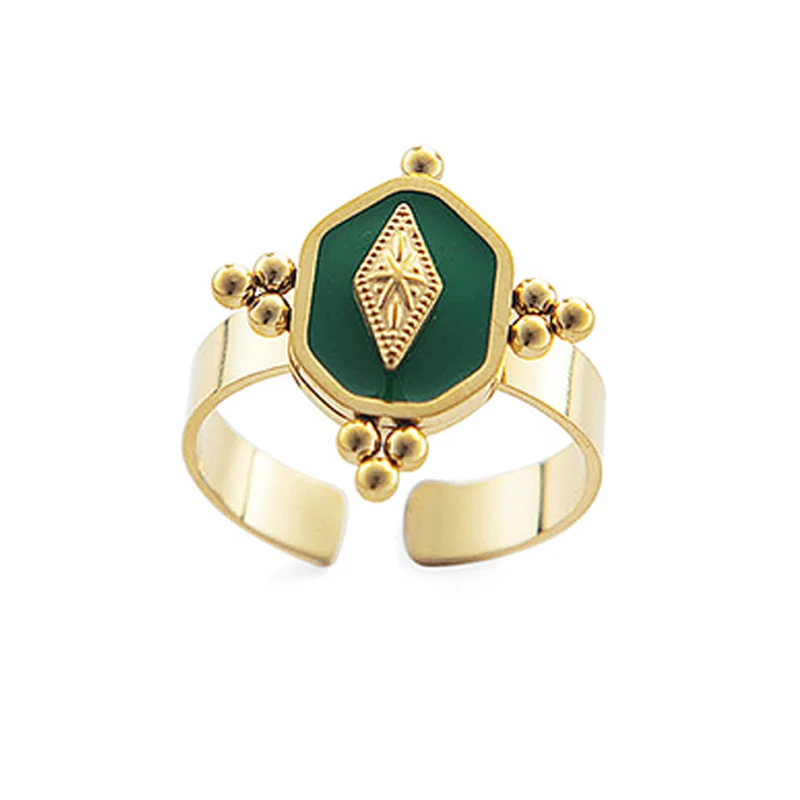 Stainless Steel Gold Plated Geometric Open Rings For Women Vintage Green Enamel Gold Plated Rings Bohemian Adjustable Jewelry