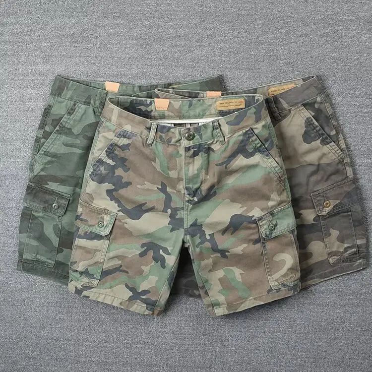 

2026 New Summer Men High-end American Retro Camouflage Shorts Heavyweight Japanese Straight Leg 5-Pocket Capri Pants Amekaji Cas