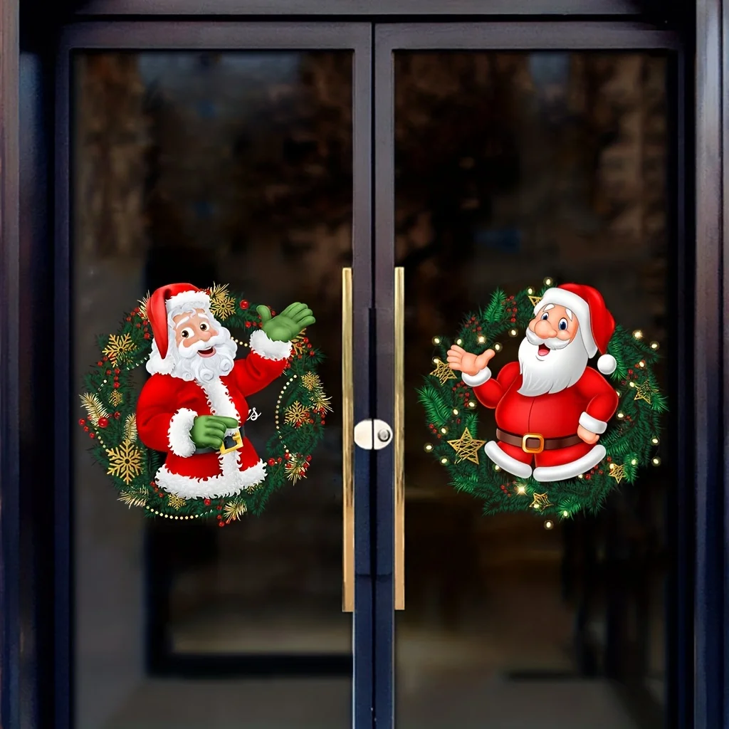 2PCS Christmas Glass Window Stickers, Santa Claus Pattern Window Stickers, Removable Stickers