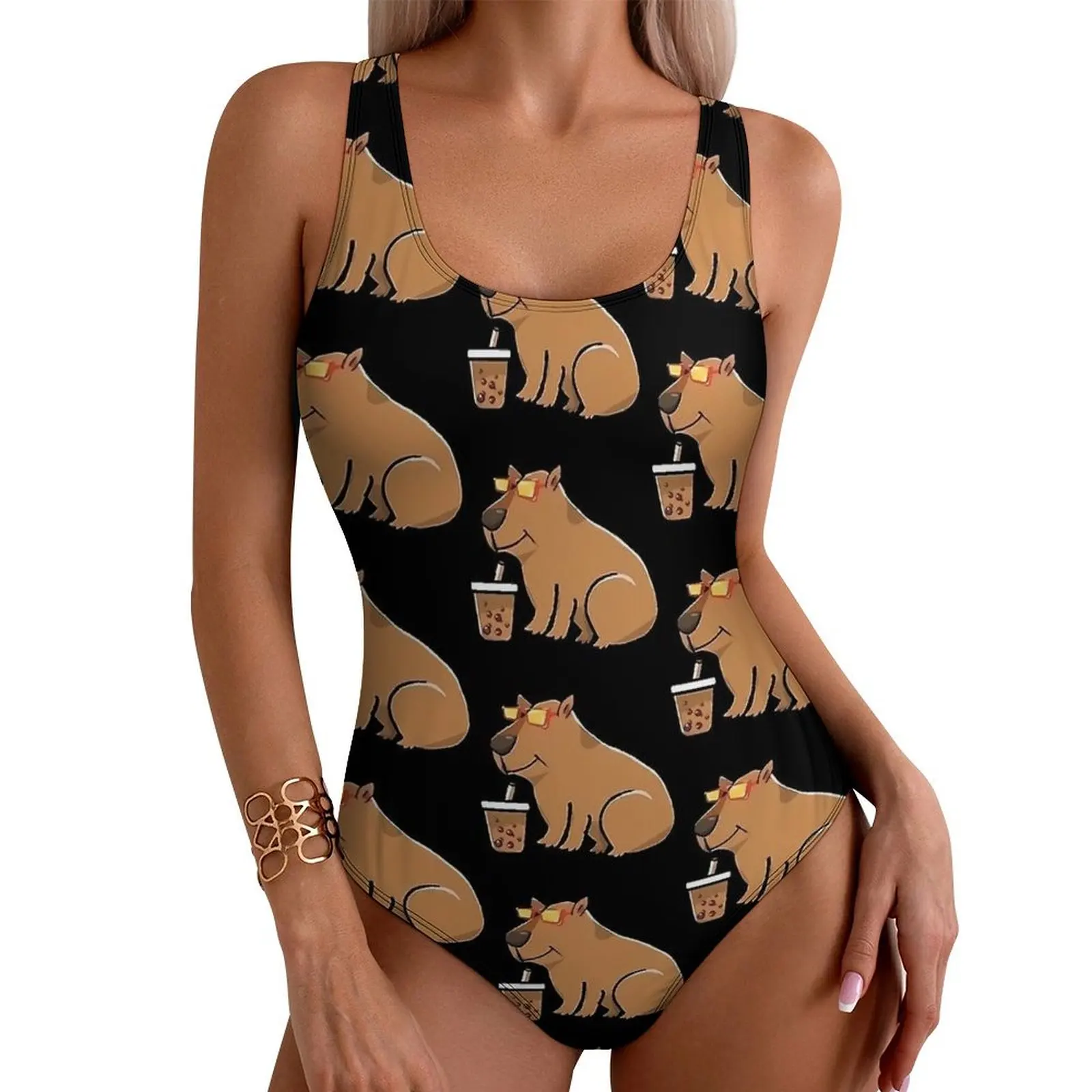 

Cute Capybara Boba With Sunglasses And Bubble Tea Swimsuit Sexy One Piece Swimwear Push Up Bodysuit Trend Holiday Bathing Suits