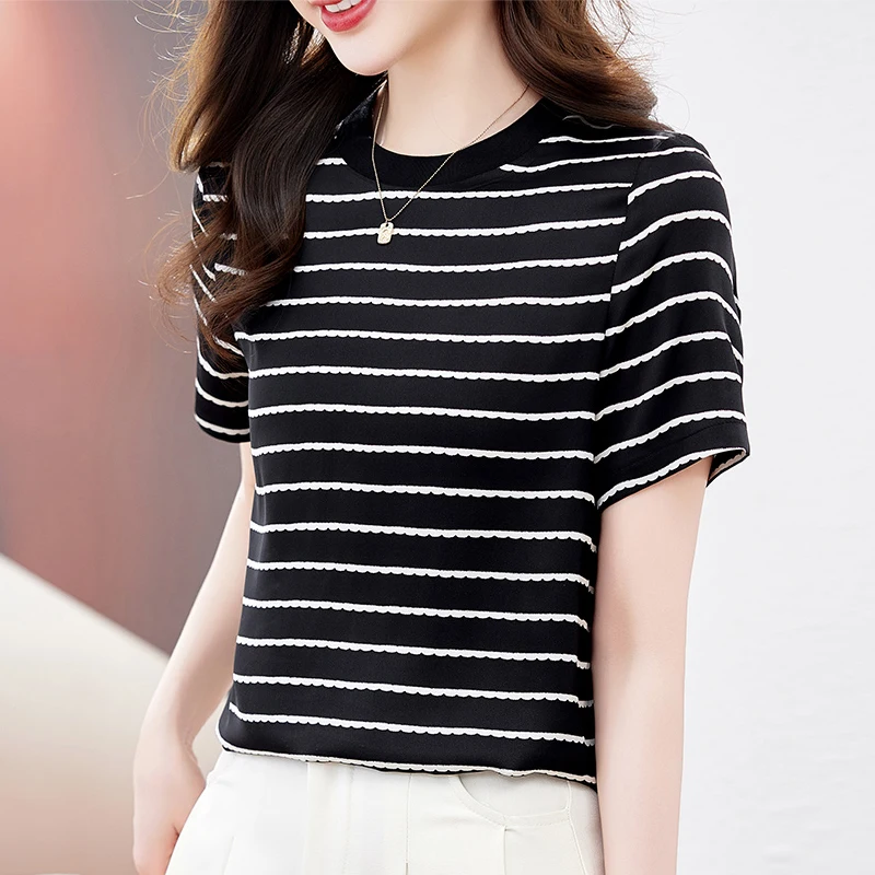 Real Silk T-shirts for Women 2026 Summer O-neck Short Sleeve Tees Women's Striped T-shirt Casual T Shirt Woman Fashion Tops Tee