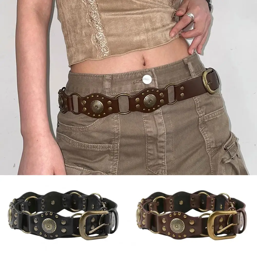 

Unique Waist Belt Denim Skirt Belt Cowboy Western Style Denim Skirt with Faux Leather Waistband Exaggerated Metal Buckle