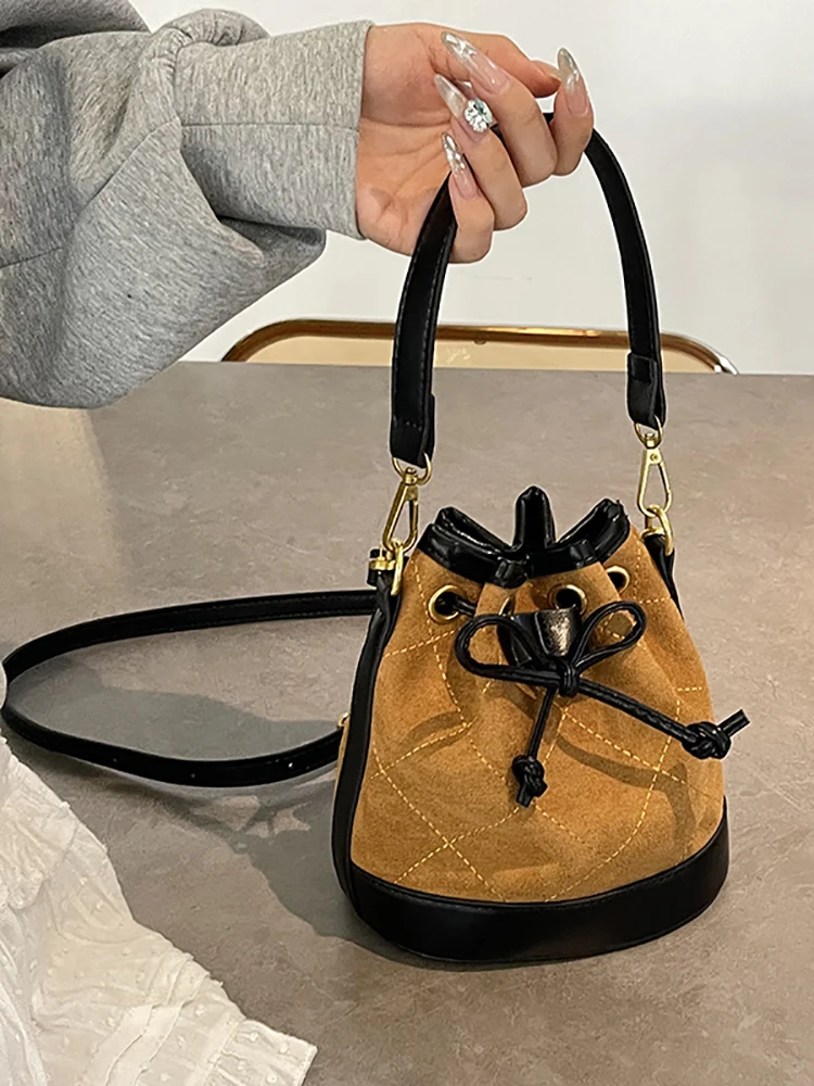 

Autumn Winter Retro Frosted Patchwork Bucket Bag 2025 New Women's Drawstring Casual Handbags Fashion Bow Mini Crossbody Bags