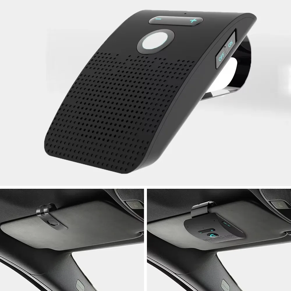Bluetooth 5.0 Handsfree Car Kit Hifi Speaker 2W Wireless Audio Receiver MP3 Music Player Noise Cancelling Sun Visor Clip