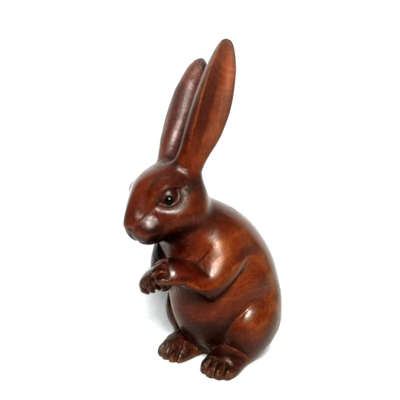 Height 7 CM Japanese Boxwood Hand carved Long ears Rabbit Figure Statue Netsuke