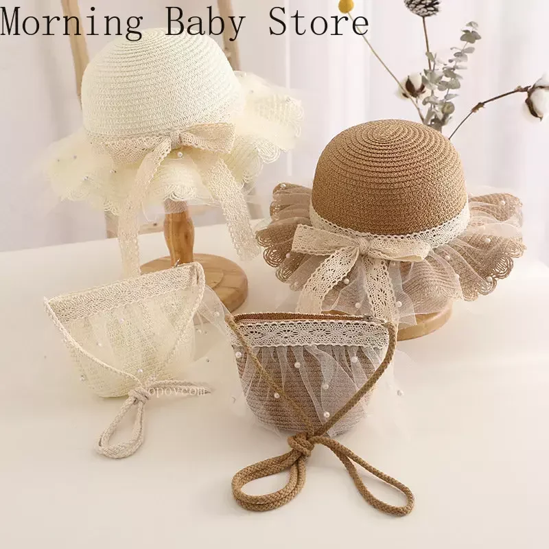 Summer Fashion Kids Straw Hat Lace Pearl Baby Girl Hat Bag Set Baby Travel Sun Protection Beach Hats Panama for 2-8 Years Kids