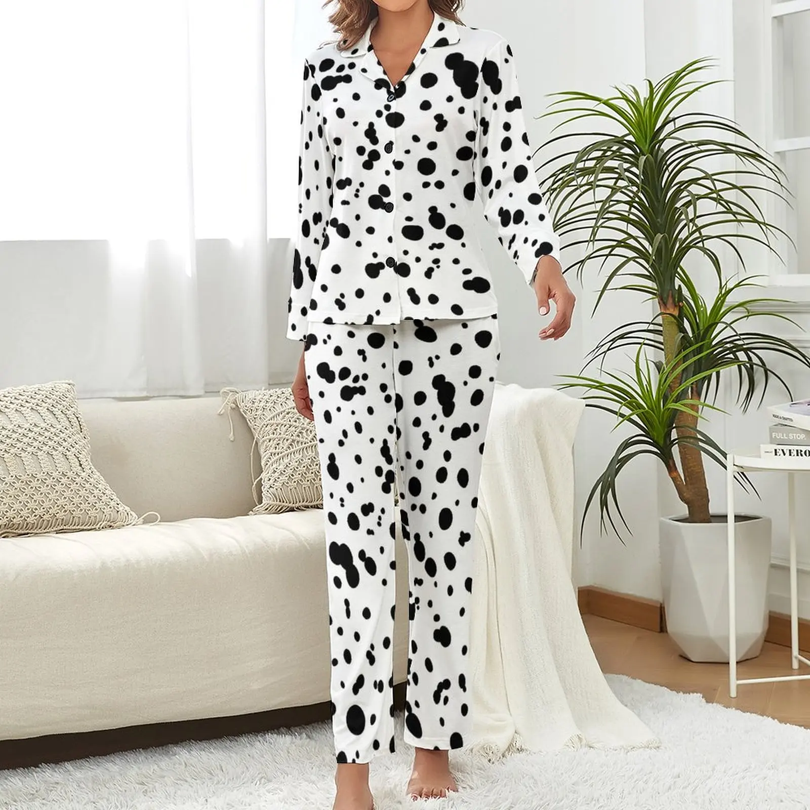 Dalmatian Spot Pajamas Animal Print Bedroom V Neck Nightwear Female 2 Pieces Graphic Long Sleeve Kawaii Pajama Sets