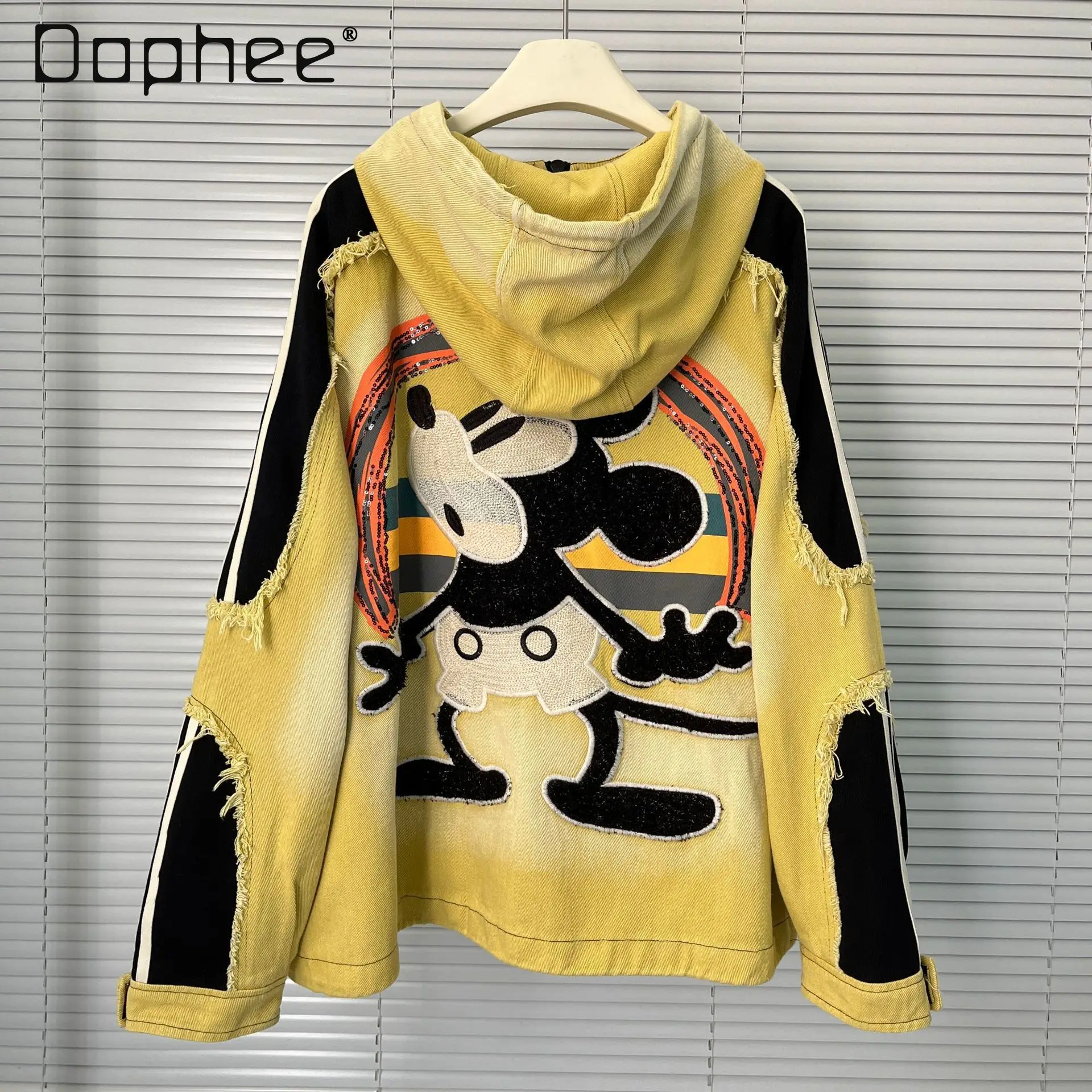 

2025 Autumn New Heavy Stitching Digital Stripe Hooded Jacket for Women Loose Versatile Casual Sweatshirt Cartoon Denim Jacket