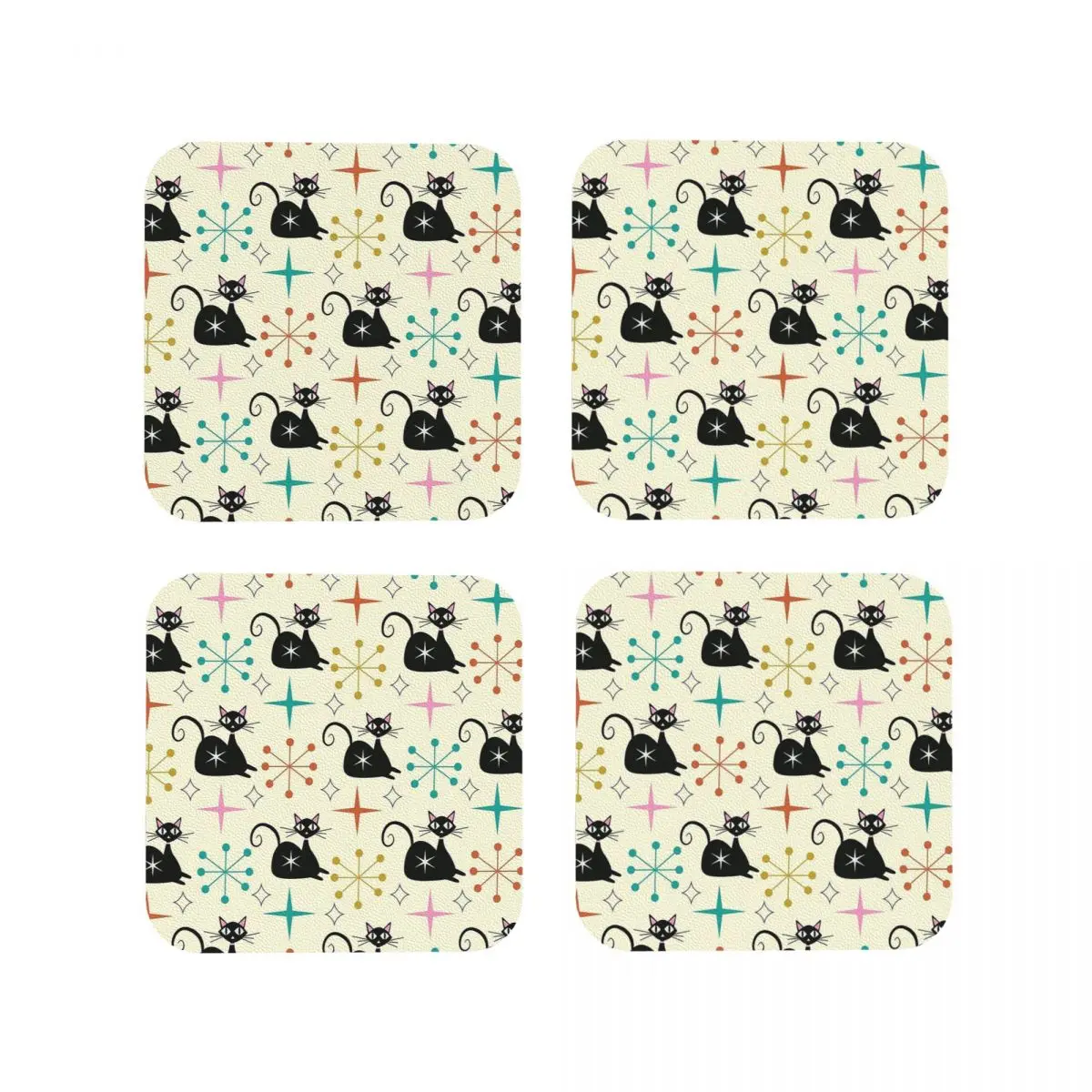 Mid Century Black Atomic Cat With Starbursts Coasters Kitchen Placemats  Insulation Cup Coffee Mats   Tableware Pads Set of 4