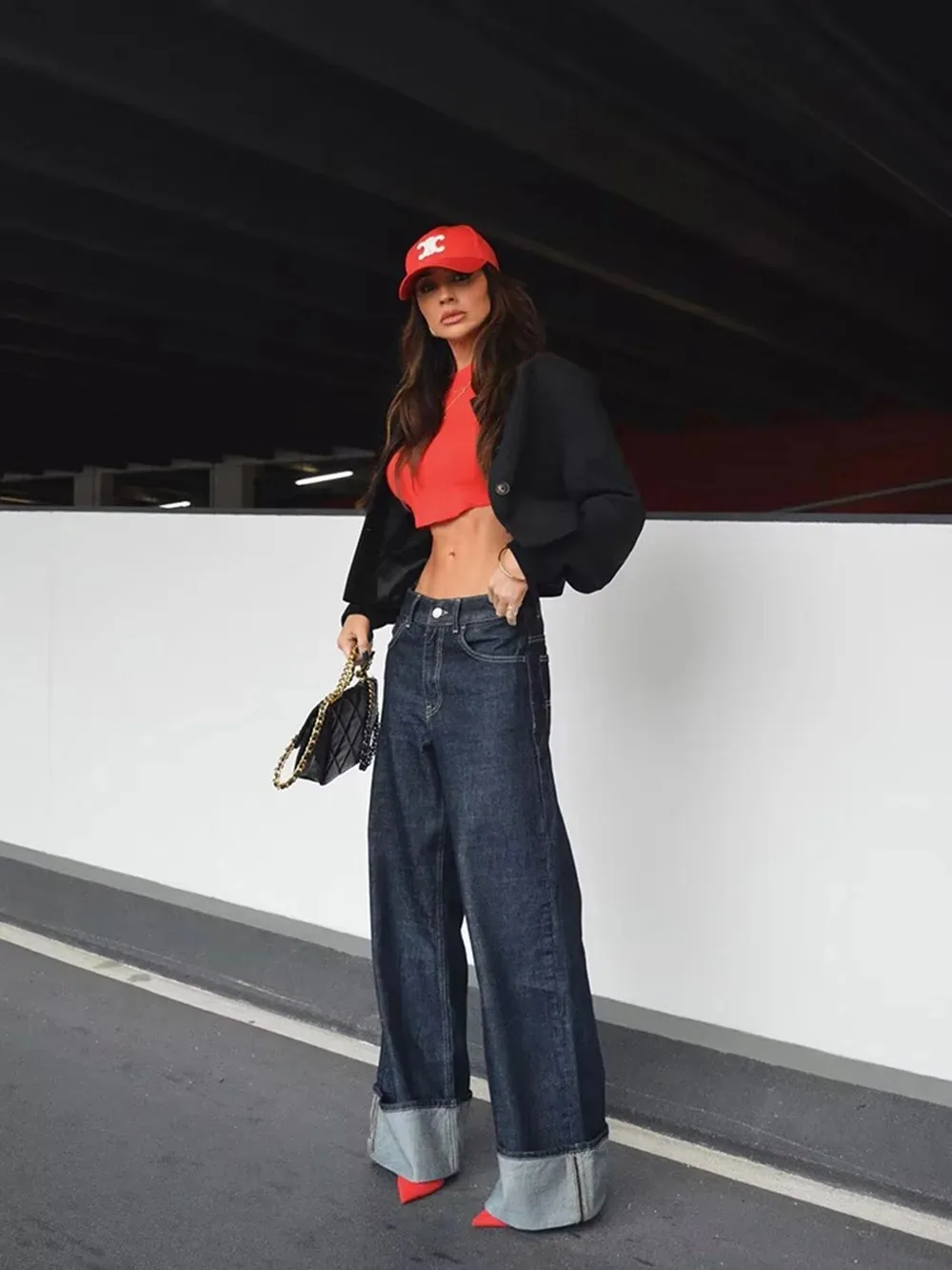 

женская мода осень джинсовый костюм винтаж длинный рукав однобортный лацкан куртка + высокая талия широкие ноги джинсы уличный костюм