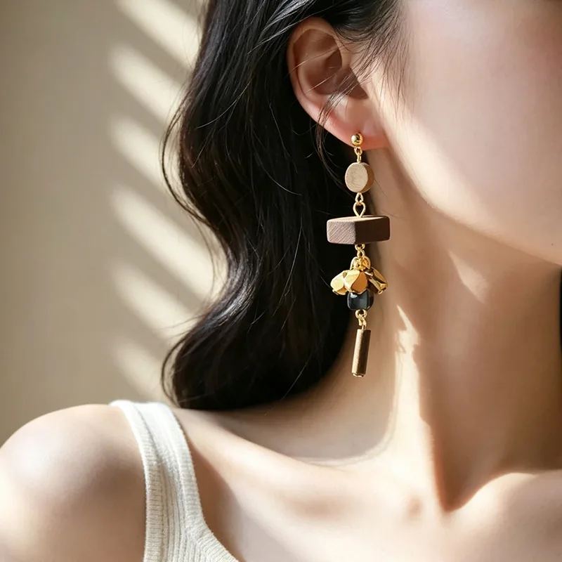 Earrings Retro Wood Metal Splicing Colorblock Tassel Geometric Long Dangle Brown Multicolor Women Niche Lightweight Daily Party