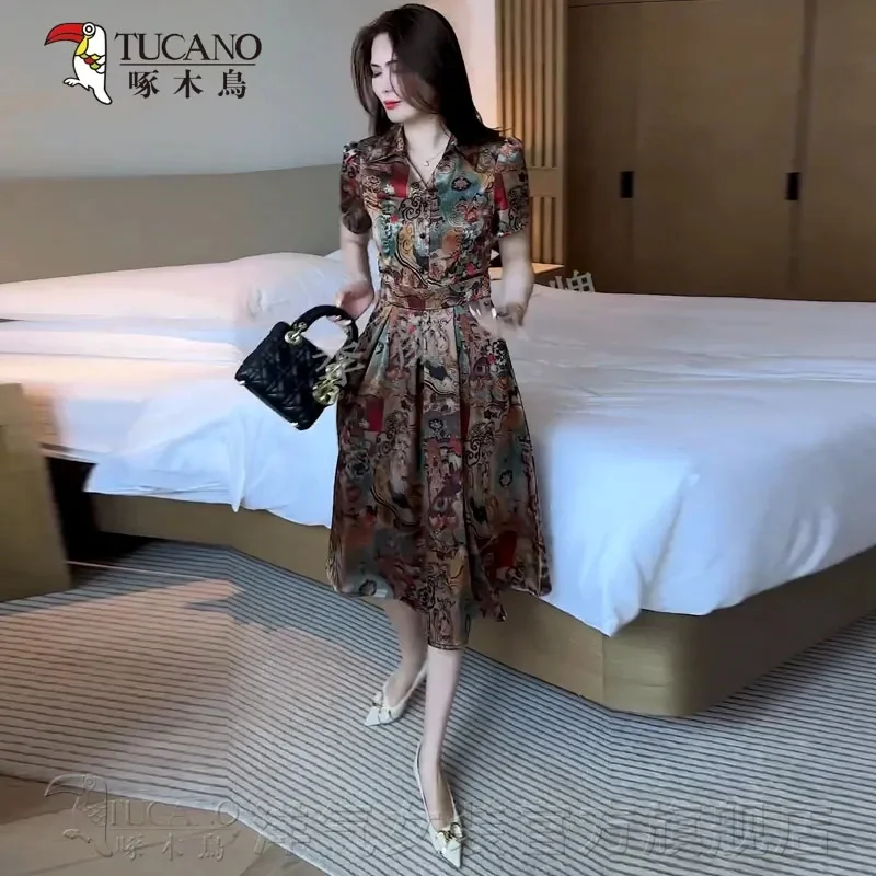 

Fashionable floral dress for women in summer, new western-style slimming waist, mid length, age reducing skirt