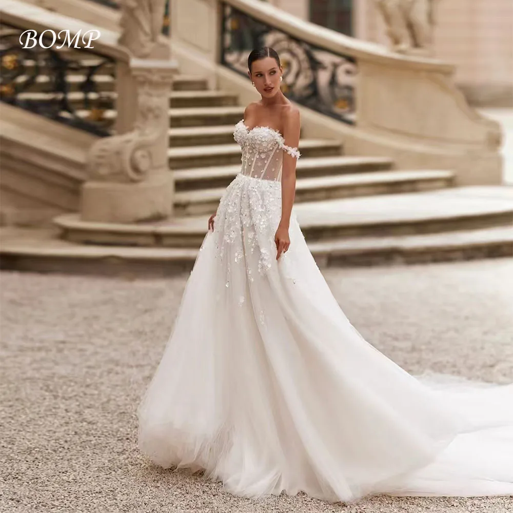 

BOMP Elegant Appliques Wedding Dress Sweetheart Off Shoulder Royal Train Ivory Tulle Bridal Gown Custom Classic Robe de mariée