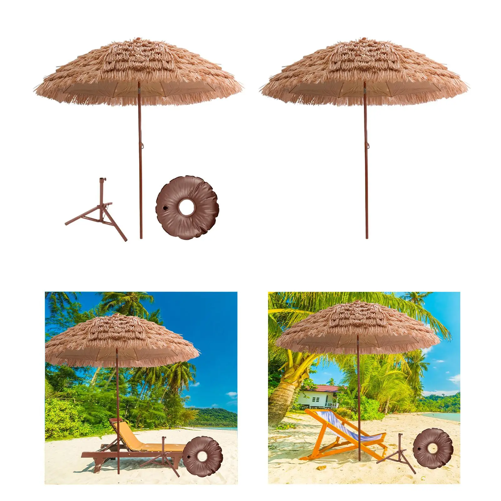 Parasol Hawaïen de 160 cm avec Trépied, Multi-usages pour Bord de Piscine, Terrasse, avec Côtes Métalliques Robustes et Support Pliable