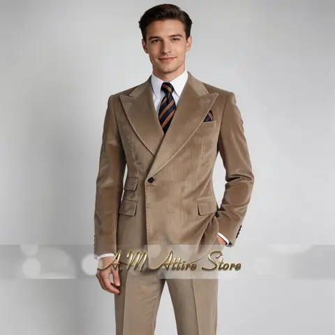 Men's Camel Corduroy Suit Formal 2pcs Set Double-Breasted Jacket Pants Customized Male's Tuxedo for Wedding Ball Party Clothes