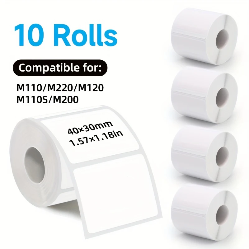 10 Rolls 40x30mm White Self-Adhesive Label Stickers 230/Roll, Compatible with M110S/M200 Portable Printers for DIY Home & Office