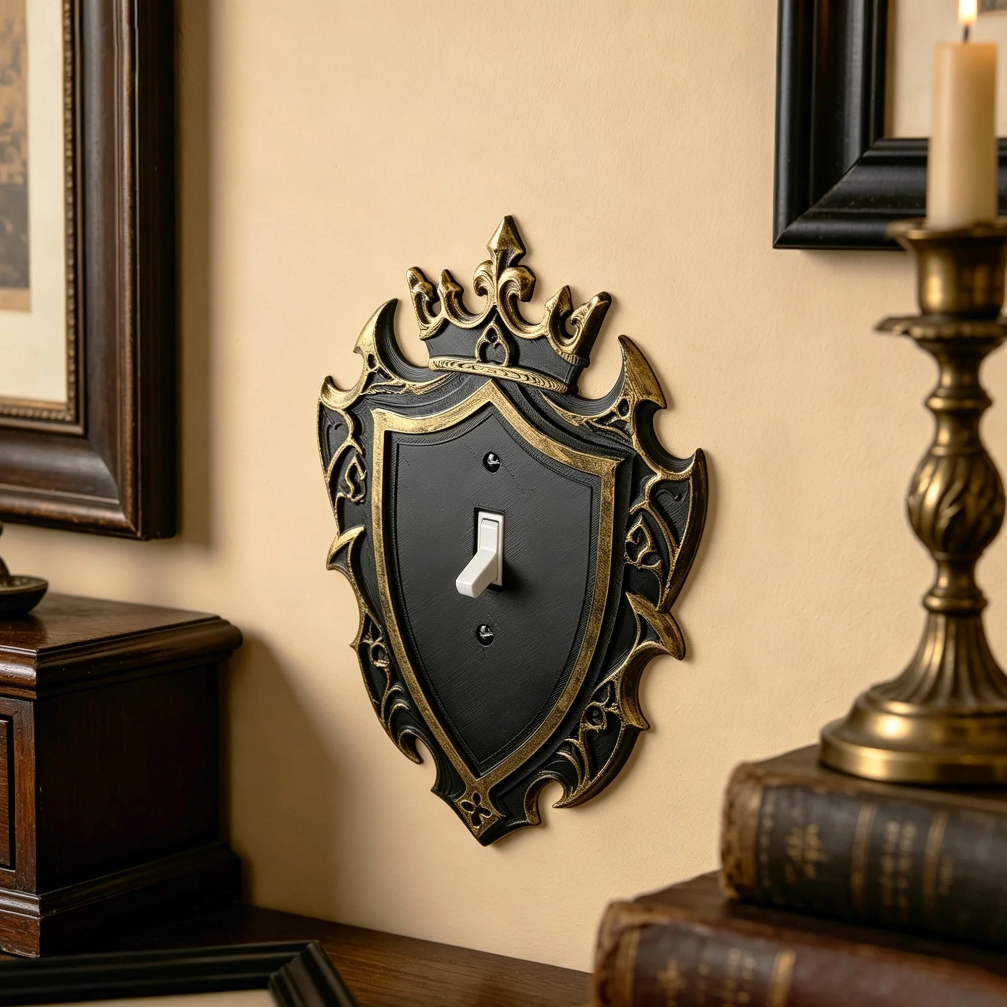 Home Decor Medieval - Grenzübergreifende Vintage-Kronen-Schild-Lichtschalterabdeckung Mittelalterliche Schwarzgold-geprägte Wandplatte Einzigartige