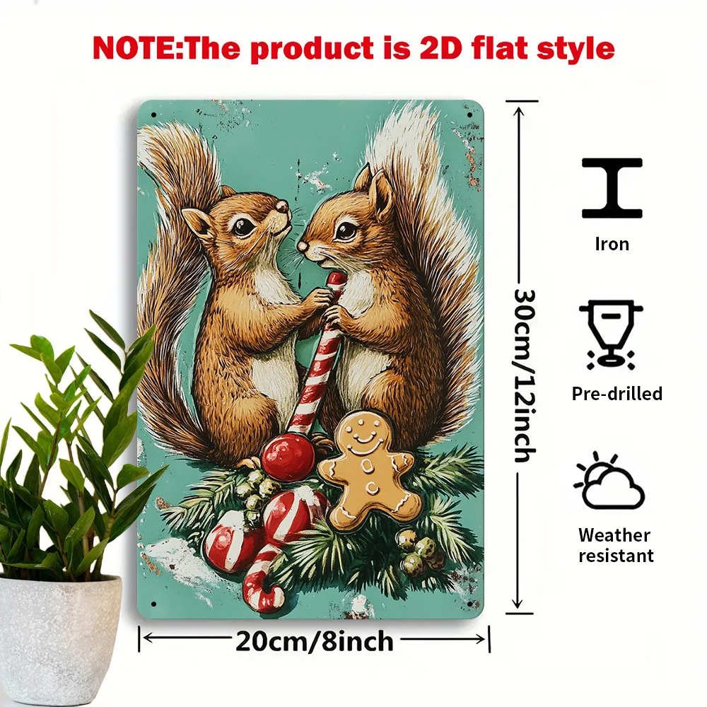 2D Flat 1pc, Festive Squirrels Iron Metal Decorative Sign, 20.32X30.48 cm Vintage Aesthetics, Warm & Whimsical Style, Suitable f