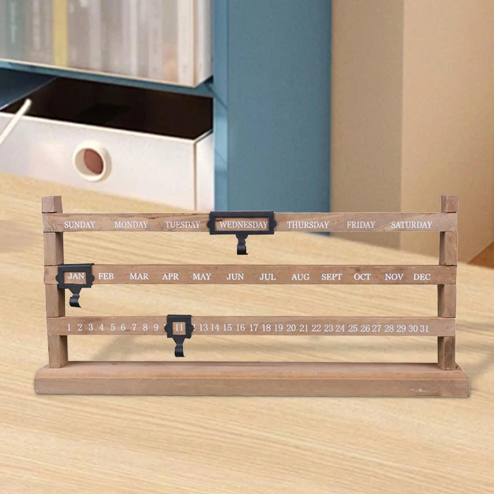 Natural Wood Perpetual Calendar Desk Calendar for School Desktop Living Room