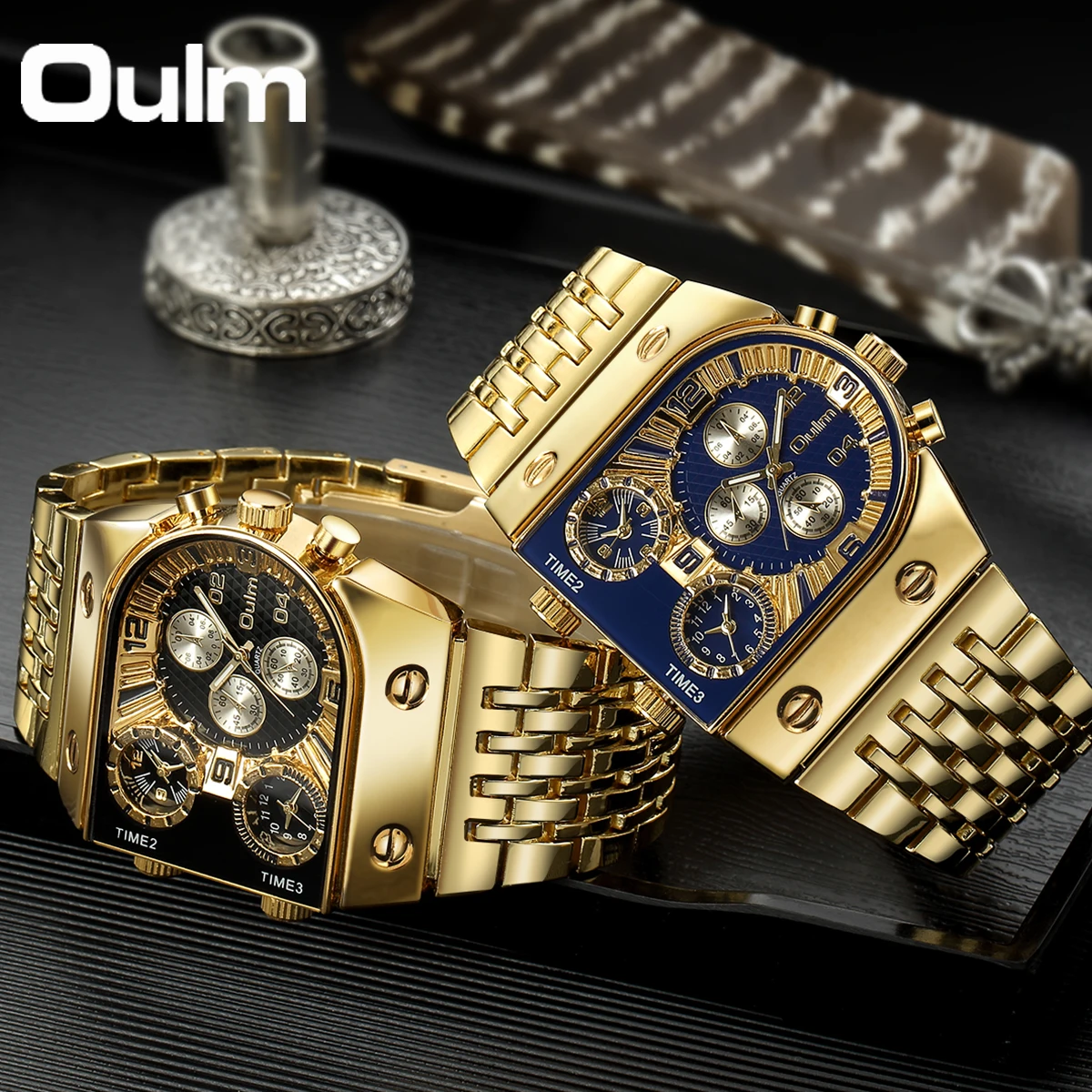 Oulm Unique Men Watch Square Gold Quartz Wrist Watch for Man Sports Multi-Time Zone Military Male Waterproof Relogio Masculino