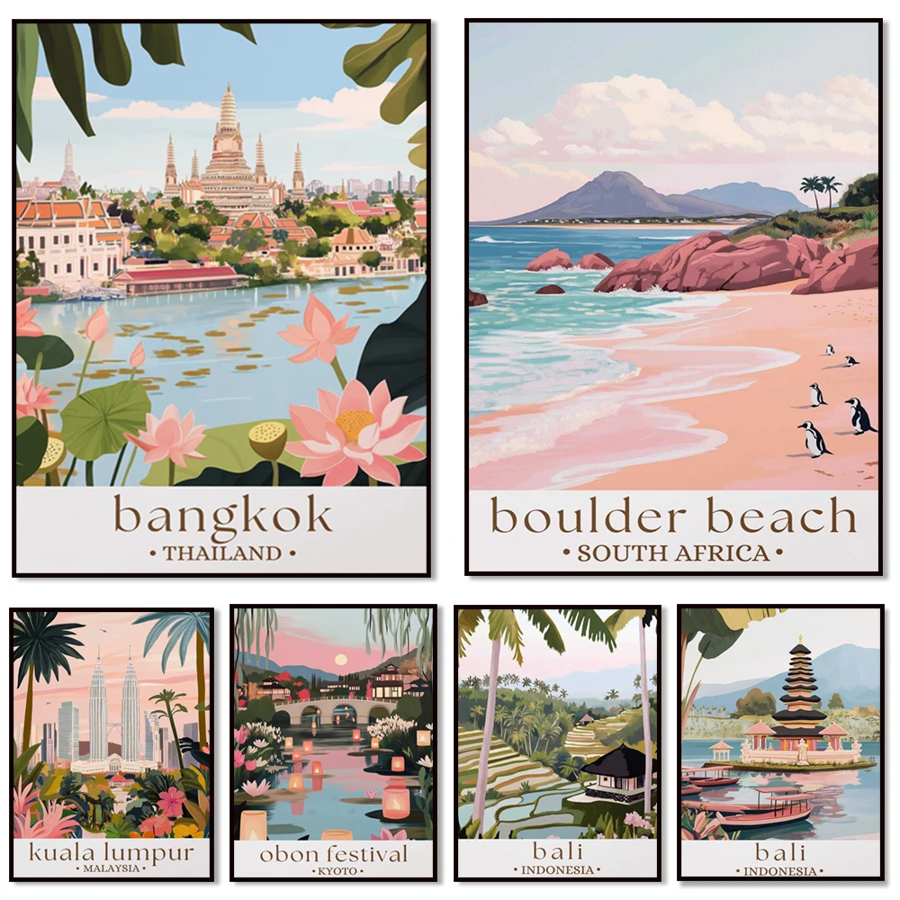Bangkok, Chiang Mai, Philippines, Japan Obon Festival, Shanghai, Bali temples, Mount Fuji, Seoul, Jaipur, India travel posters