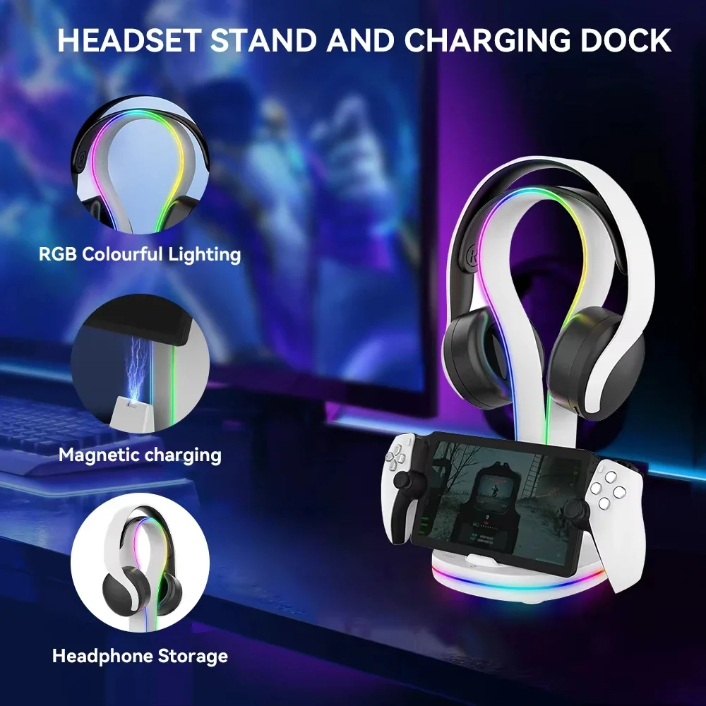 Charging Dock for P5P Handheld Console with Headset Stand,Magnetic Charging Mode & Touchpad to Change RGB Light PG-P5P23