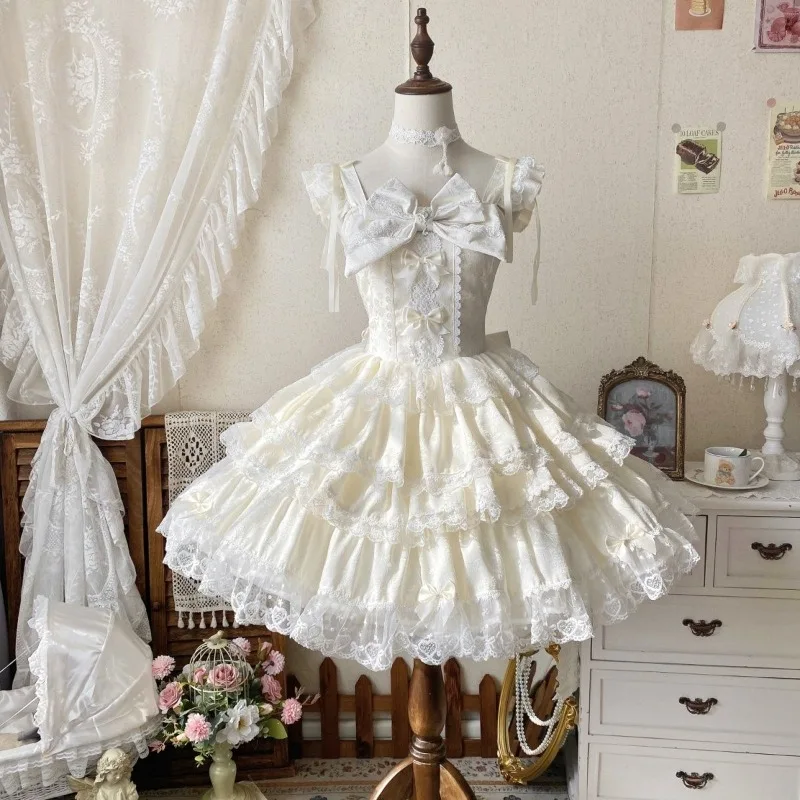 Japanisches süßes Spitzen-Minikleid im Lolita-Stil für Damen, Kawaii-Schleife, modisches, geschichtetes Rüschenkleid, elegantes Party-Cosplay-Kostümkleid