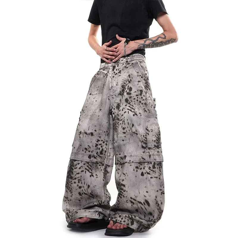 Men's Leopard Spot Printed Cargo Pants Vintage Washed Wide Leg Baggy Streetwear Casual Trousers 2026 New Trend